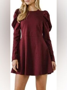 English Factory-  Wine Puff-Sleeve Mini Dress
